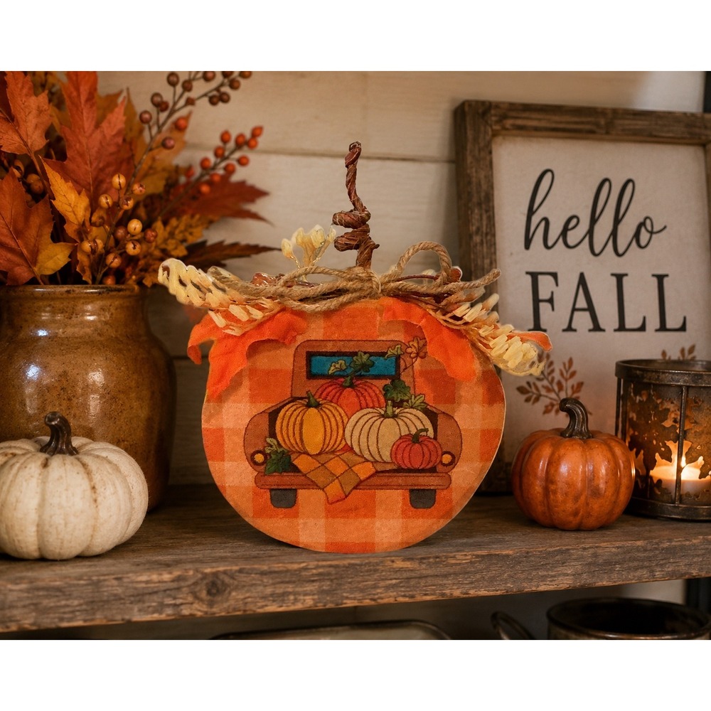Handmade Wood Slice Pumpkin Decorโ Fall Harvest Vintage Truck Buffalo Plaid 4.5"